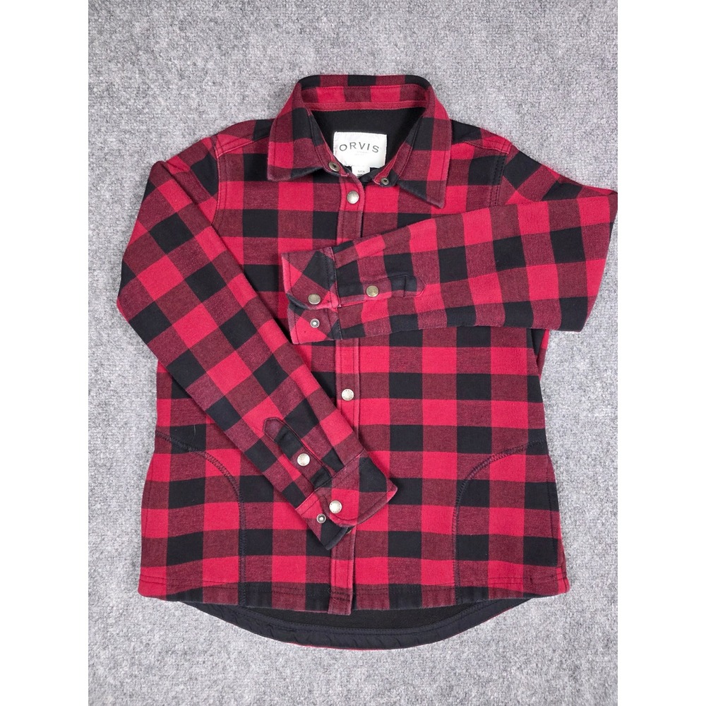 Orvis Shirt Jacket Womens Small Red Black Buffalo Plaid Fleece Lined Snap Front